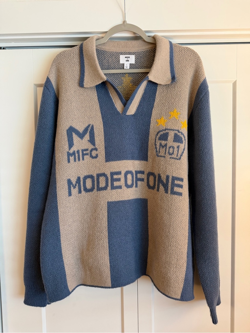 Mode of One Men’s Beige and Blue Knit Polo Sweater - Size L